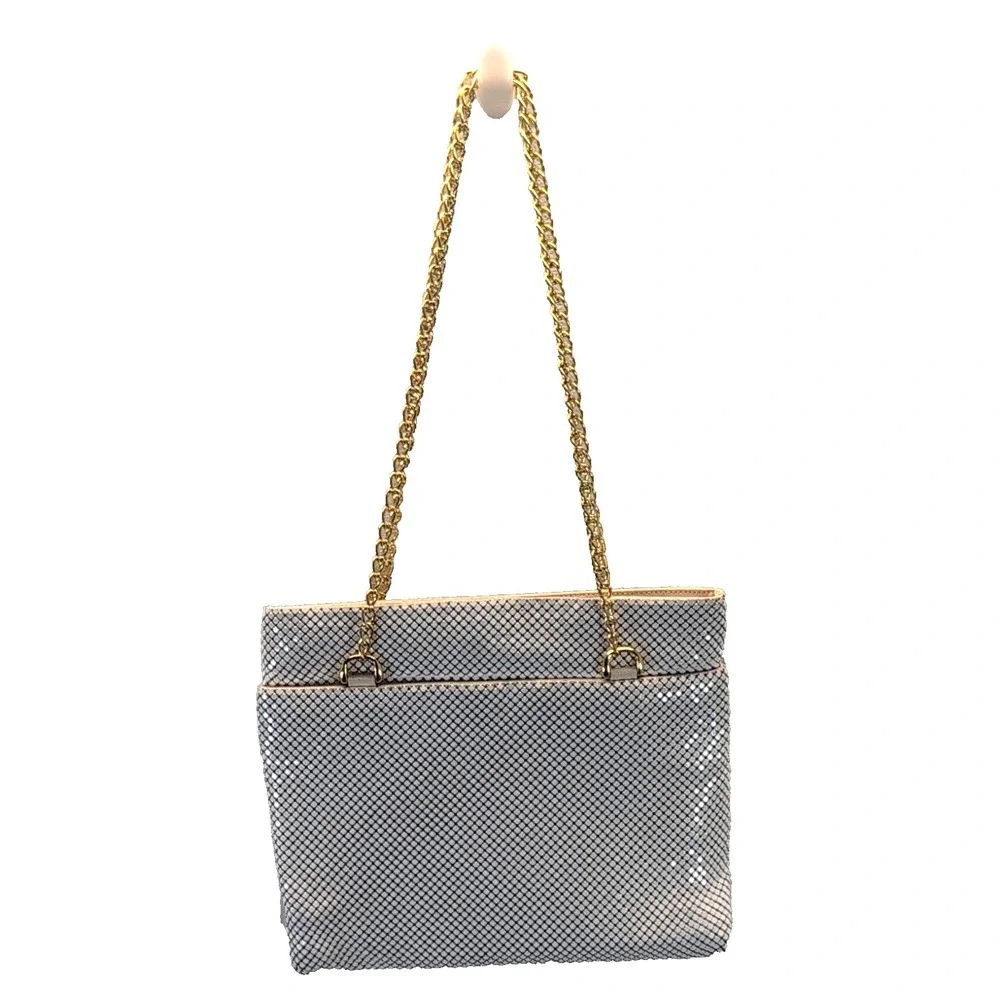 Vintage 60's/70's White Metal Tiled Shoulder Bag Gold Tone Chain Strap Zip